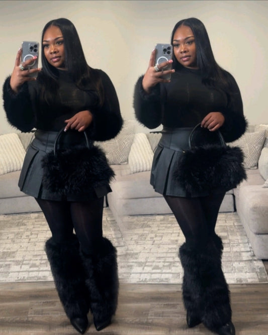 BLK FUR SLEEVE BODYSUIT